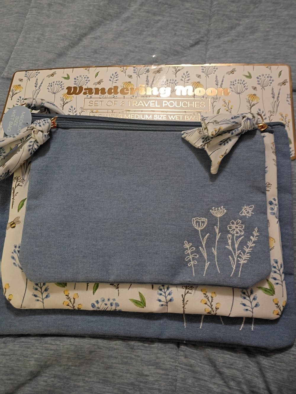 Wandering Moon Blue Floral Travel Pouches - Set of 3